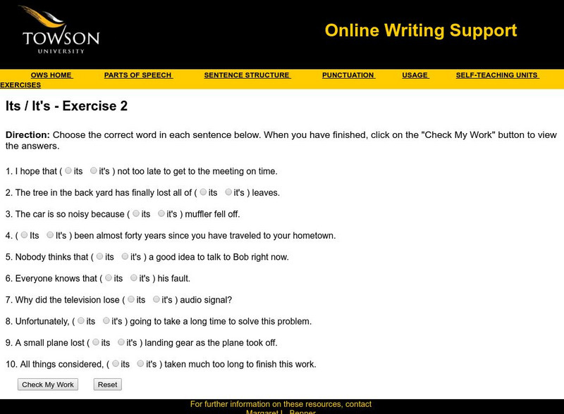 Towson University: Ows: Its / It's Exercise 2 Unknown Type Towson University: Ows: Its / It's Exercise 2 Unknown Type