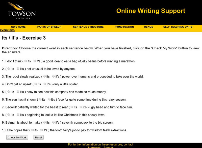 Towson University: Ows: Its / It's Exercise 3 Unknown Type Towson University: Ows: Its / It's Exercise 3 Unknown Type