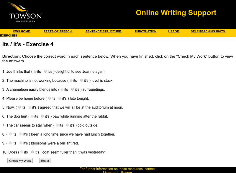 Towson University: Ows: Its / It's Exercise 4 Unknown Type Towson University: Ows: Its / It's Exercise 4 Unknown Type