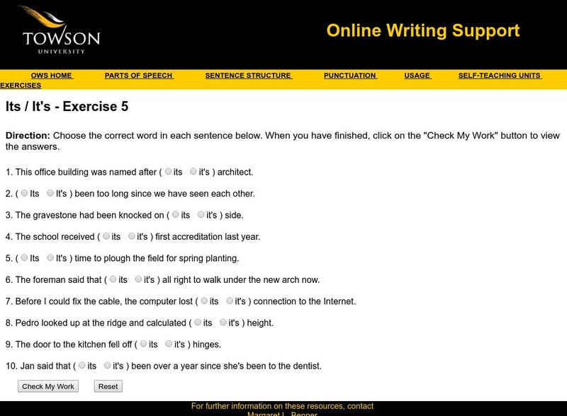 Towson University: Ows: Its / It's Exercise 5 Unknown Type Towson University: Ows: Its / It's Exercise 5 Unknown Type
