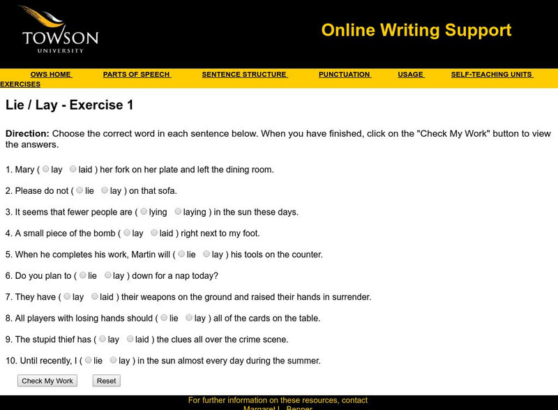 Towson University: Ows: Lie / Lay Exercise 1 Unknown Type