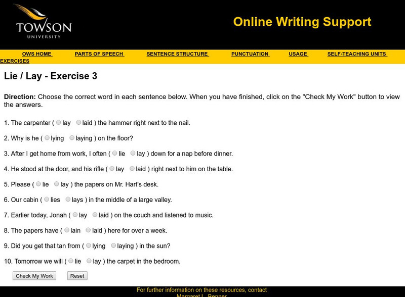 Towson University: Ows: Lie / Lay Exercise 3 Unknown Type Towson University: Ows: Lie / Lay Exercise 3 Unknown Type