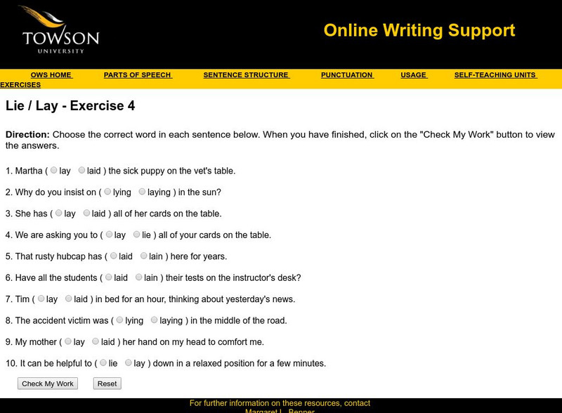 Towson University: Ows: Lie / Lay Exercise 4 Unknown Type Towson University: Ows: Lie / Lay Exercise 4 Unknown Type