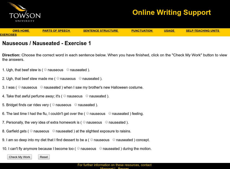 Towson University: Ows: Nauseous / Nauseated Exercise 1 Unknown Type Towson University: Ows: Nauseous / Nauseated Exercise 1 Unknown Type