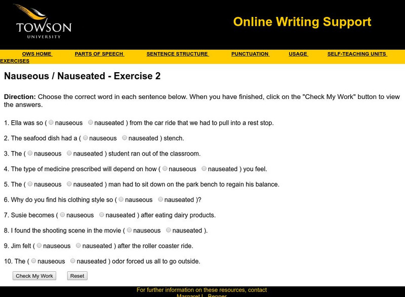 Towson University: Ows: Nauseous / Nauseated Exercise 2 Unknown Type Towson University: Ows: Nauseous / Nauseated Exercise 2 Unknown Type