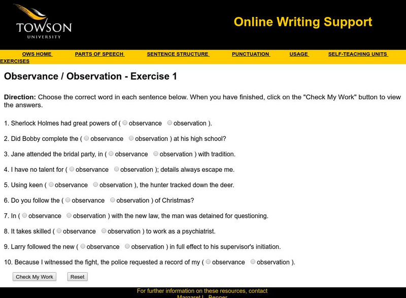 Towson University: Ows: Observance / Observation Exercise 1 Unknown Type Towson University: Ows: Observance / Observation Exercise 1 Unknown Type
