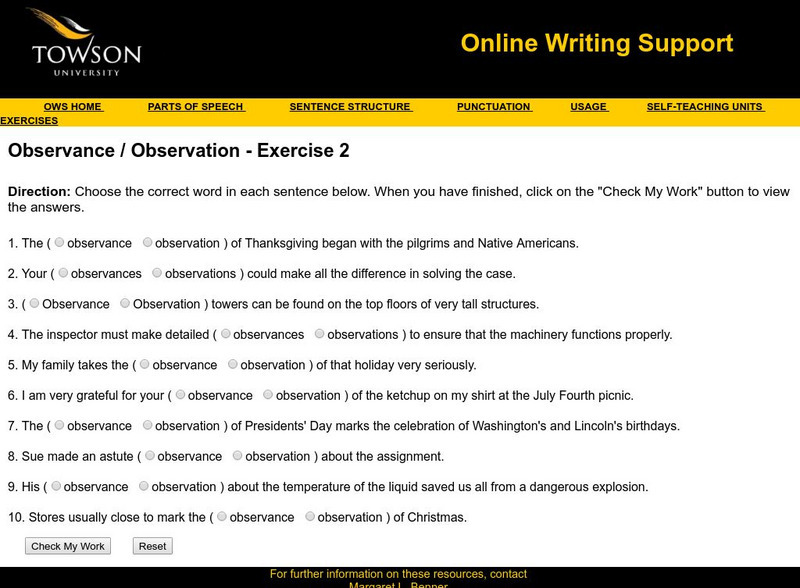 Towson University: Ows: Observance / Observation Exercise 2 Unknown Type Towson University: Ows: Observance / Observation Exercise 2 Unknown Type