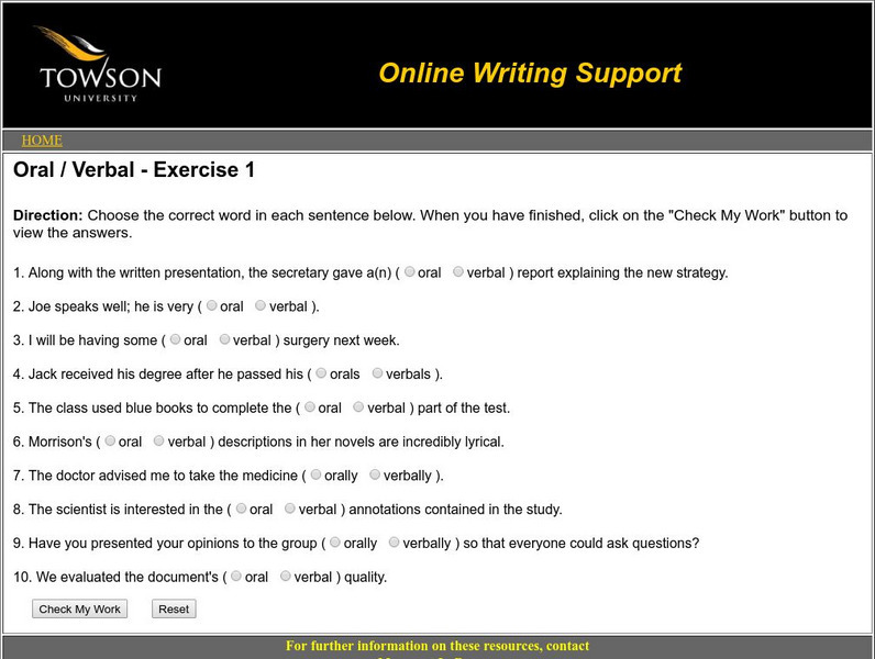 Towson University: Ows: Oral / Verbal Exercise 1 Unknown Type Towson University: Ows: Oral / Verbal Exercise 1 Unknown Type