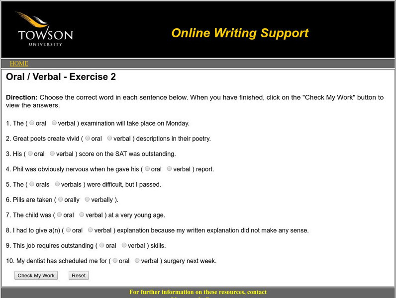 Towson University: Ows: Oral / Verbal Exercise 2 Unknown Type Towson University: Ows: Oral / Verbal Exercise 2 Unknown Type