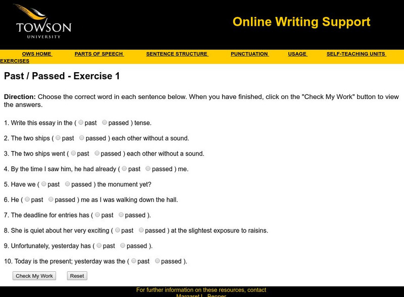 Towson University: Ows: Past / Passed Exercise 1 Unknown Type Towson University: Ows: Past / Passed Exercise 1 Unknown Type