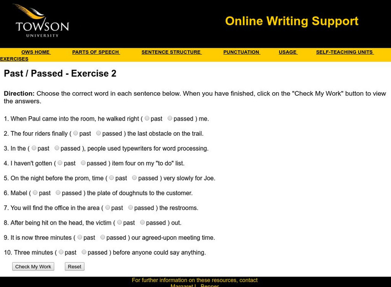 Towson University: Ows: Past / Passed Exercise 2 Unknown Type Towson University: Ows: Past / Passed Exercise 2 Unknown Type