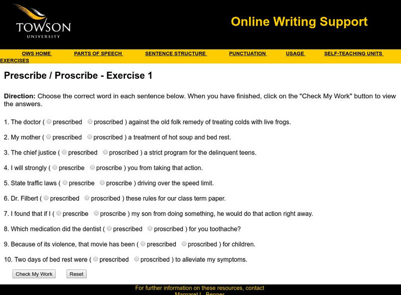 Towson University: Ows: Prescribe / Proscribe Exercise 1 Unknown Type Towson University: Ows: Prescribe / Proscribe Exercise 1 Unknown Type