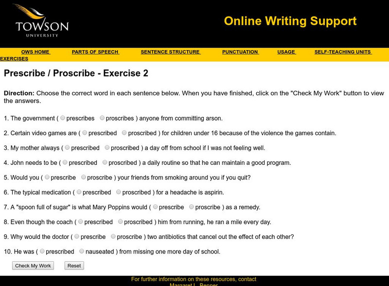 Towson University: Ows: Prescribe / Proscribe Exercise 2 Unknown Type Towson University: Ows: Prescribe / Proscribe Exercise 2 Unknown Type