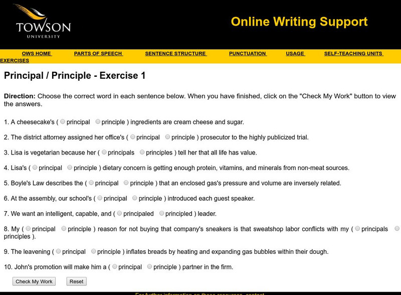 Towson University: Ows: Principal / Principle Exercise 1 Unknown Type Towson University: Ows: Principal / Principle Exercise 1 Unknown Type