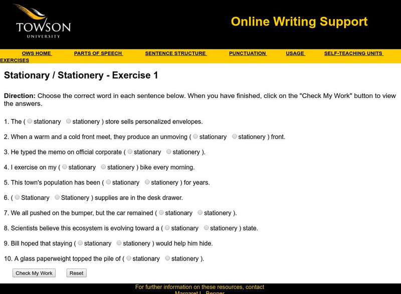 Towson University: Ows: Stationary / Stationery Exercise 1 Unknown Type Towson University: Ows: Stationary / Stationery Exercise 1 Unknown Type