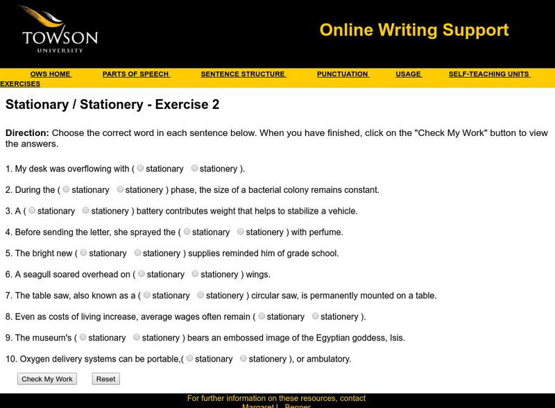Towson University: Ows: Stationary / Stationery Exercise 2 Unknown Type Towson University: Ows: Stationary / Stationery Exercise 2 Unknown Type