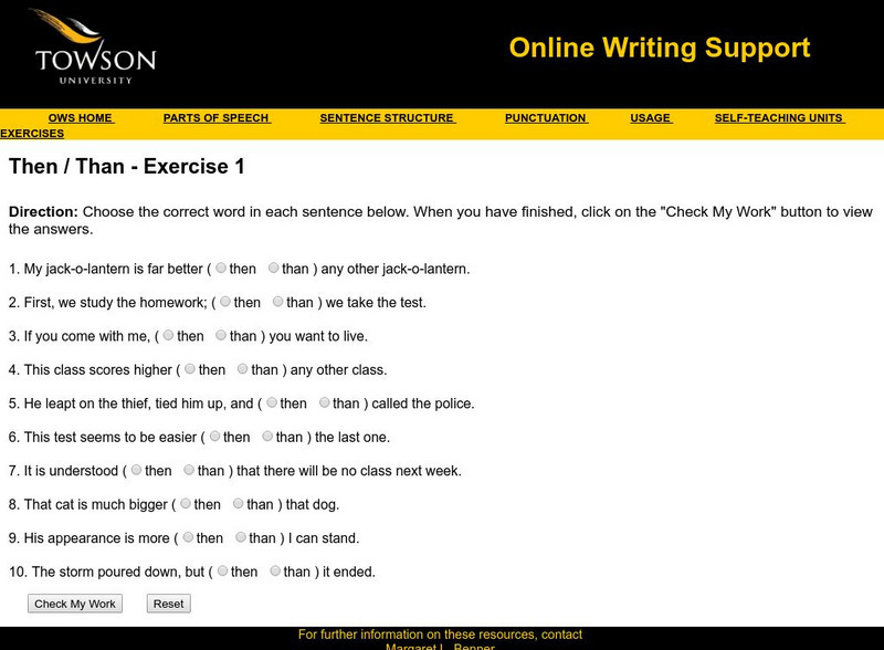 Towson University: Ows: Then / Than Exercise 1 Unknown Type Towson University: Ows: Then / Than Exercise 1 Unknown Type