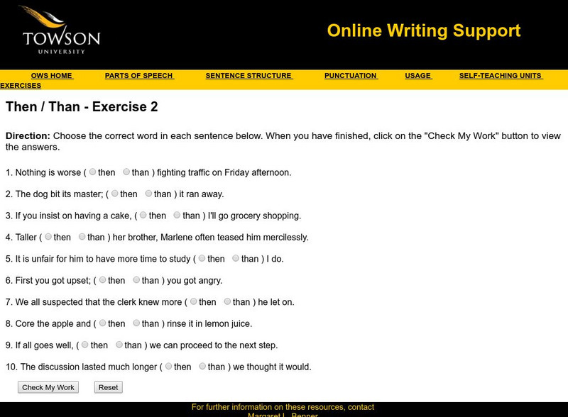 Towson University: Ows: Then / Than Exercise 2 Unknown Type Towson University: Ows: Then / Than Exercise 2 Unknown Type