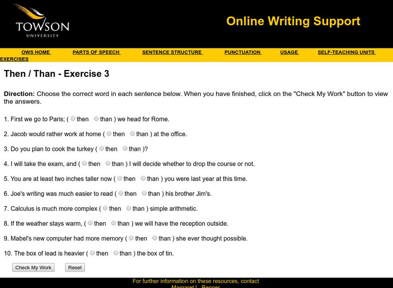 Towson University: Ows: Then / Than Exercise 3 Unknown Type Towson University: Ows: Then / Than Exercise 3 Unknown Type