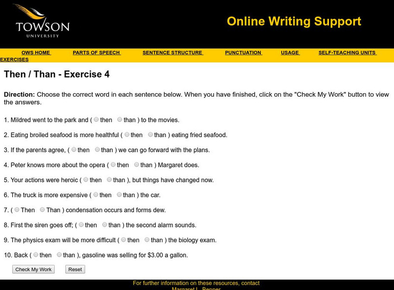 Towson University: Ows: Then / Than Exercise 4 Unknown Type Towson University: Ows: Then / Than Exercise 4 Unknown Type