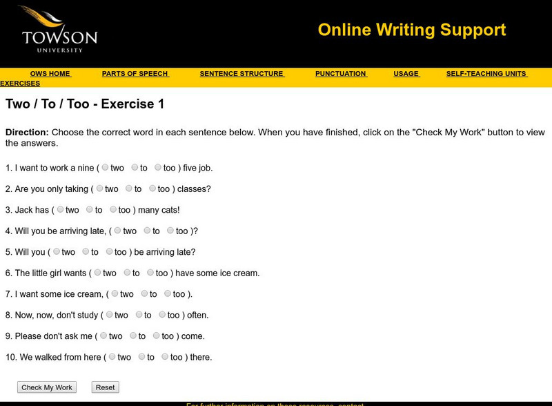 Towson University: Ows: Two / to / Too Exercise 1 Unknown Type Towson University: Ows: Two / to / Too Exercise 1 Unknown Type