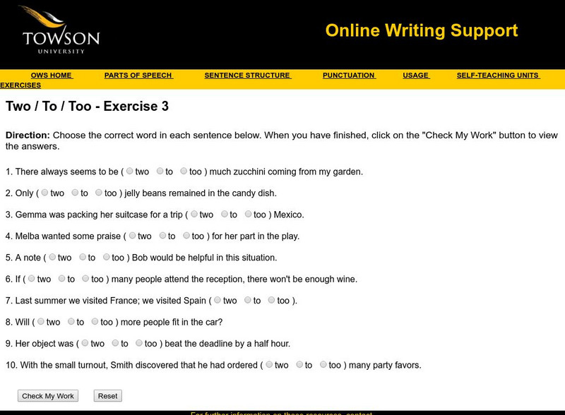 Towson University: Ows: Two / to / Too Exercise 3 Unknown Type