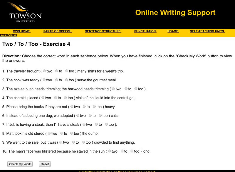 Towson University: Ows: Two / to / Too Exercise 4 Unknown Type