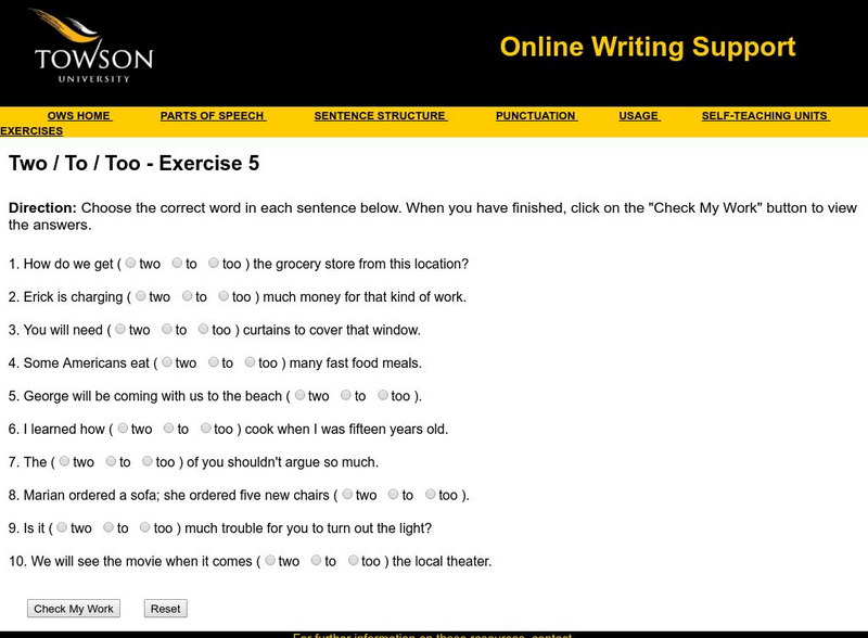 Towson University: Ows: Two / to / Too Exercise 5 Unknown Type