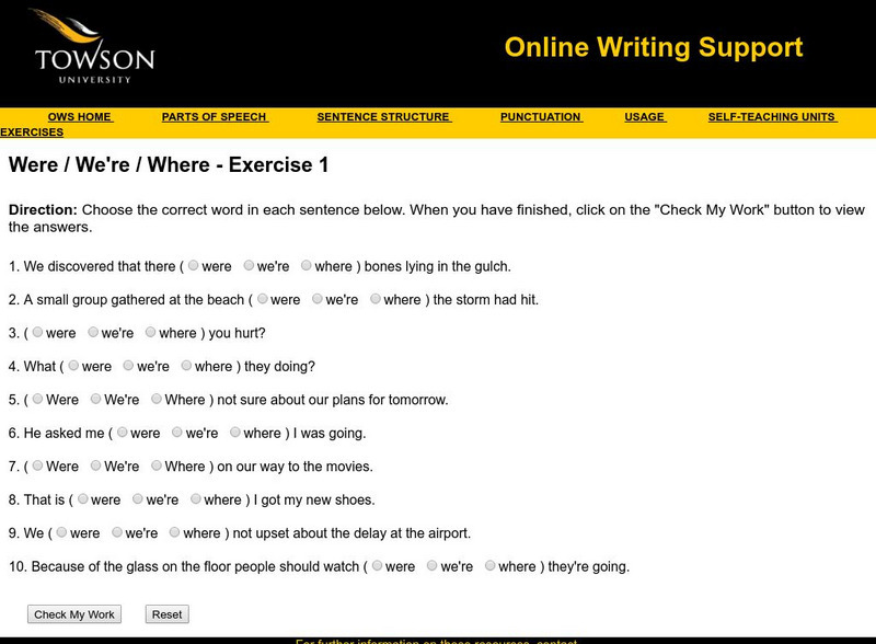 Towson University: Ows: Were / We're / Where Exercise 1 Unknown Type