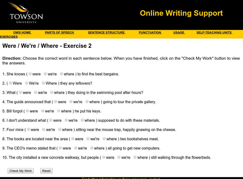 Towson University: Ows: Were / We're / Where Exercise 2 Unknown Type
