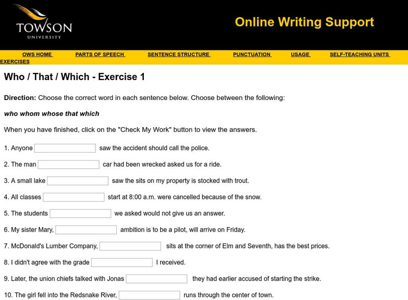 Towson University: Ows: Who / That / Which Exercise 1 Unknown Type