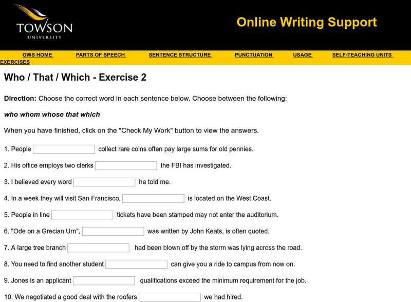 Towson University: Ows: Who / That / Which Exercise 2 Unknown Type