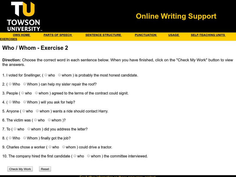 Towson University: Who / Whom Exercise 2 Unknown Type Towson University: Who / Whom Exercise 2 Unknown Type