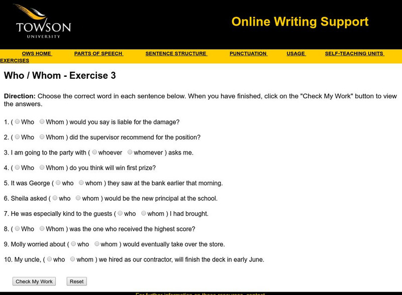Towson University: Ows: Who / Whom Exercise 3 Unknown Type Towson University: Ows: Who / Whom Exercise 3 Unknown Type