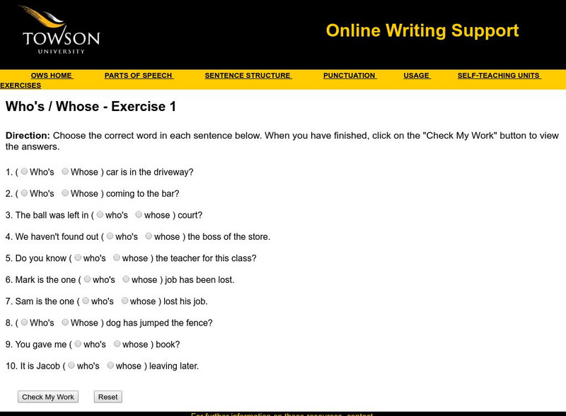 Towson University: Ows: Who's / Whose Exercise 1 Unknown Type Towson University: Ows: Who's / Whose Exercise 1 Unknown Type