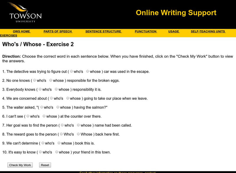 Towson University: Ows: Who's / Whose Exercise 2 Unknown Type Towson University: Ows: Who's / Whose Exercise 2 Unknown Type