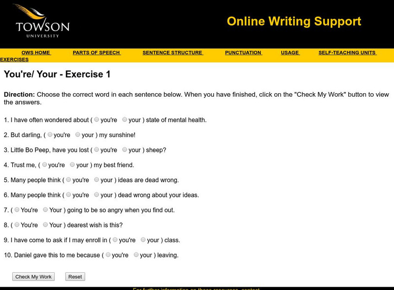 Towson University: Ows: You're/ Your Exercise 1 Unknown Type Towson University: Ows: You're/ Your Exercise 1 Unknown Type
