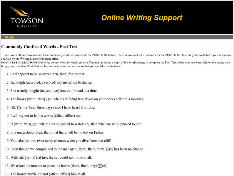 Towson University: Ows: Commonly Confused Words Post Test Unknown Type