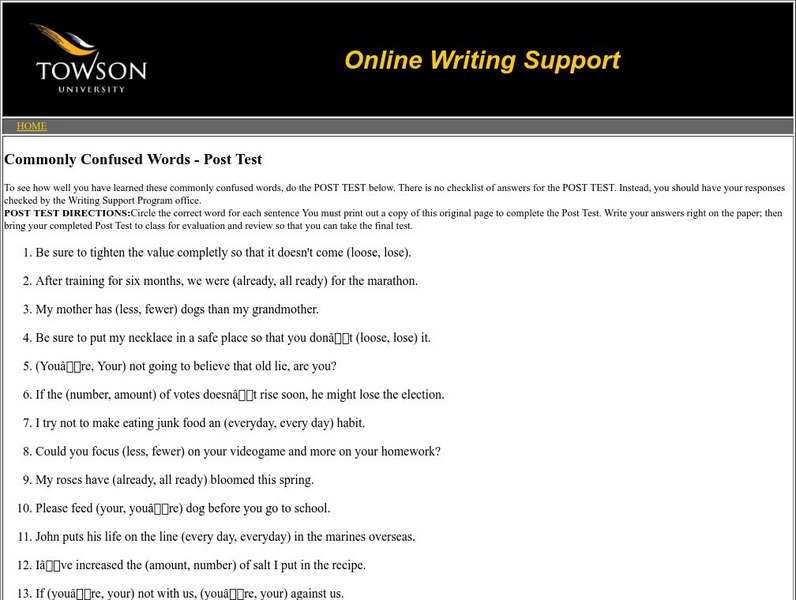 Towson University: Ows: Commonly Confused Words Post Test Unknown Type
