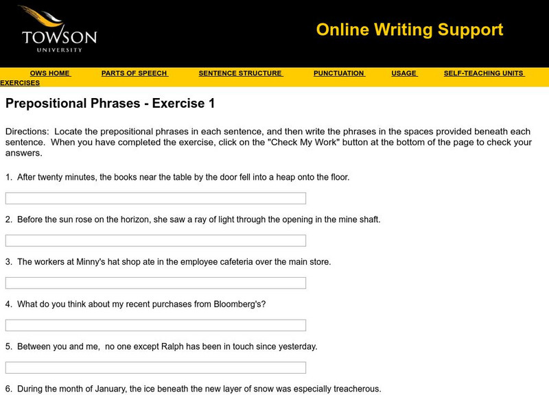 Towson University: Ows: Prepositional Phrases Exercise 1 Unknown Type Towson University: Ows: Prepositional Phrases Exercise 1 Unknown Type