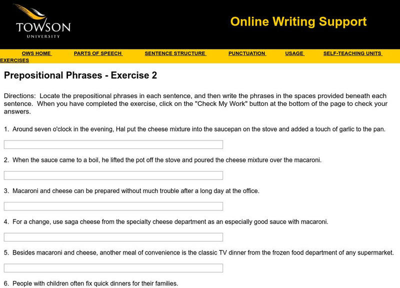 Towson University: Ows: Prepositional Phrases Exercise 2 Unknown Type Towson University: Ows: Prepositional Phrases Exercise 2 Unknown Type