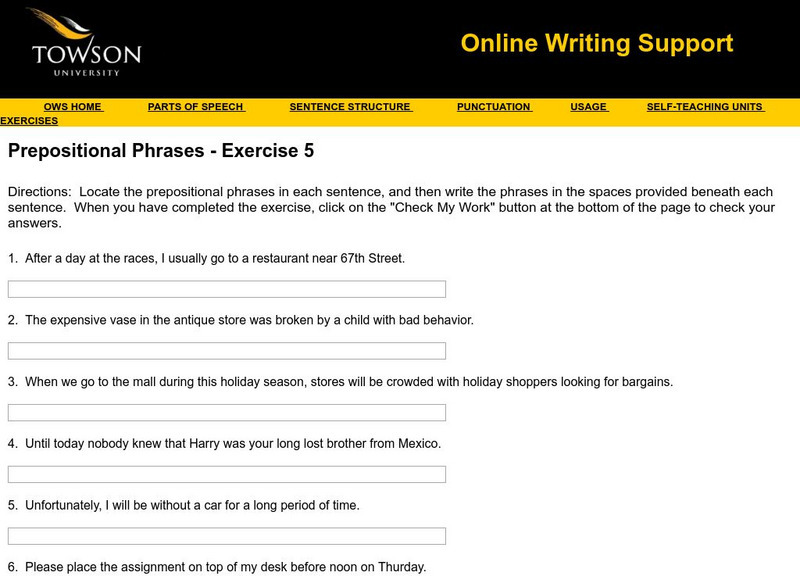 Towson University: Prepositional Phrases Exercise 5 Unknown Type Towson University: Prepositional Phrases Exercise 5 Unknown Type