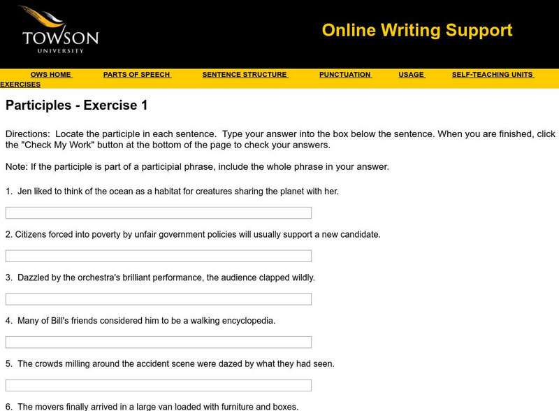 Towson University: Ows: Participles Exercise 1 Unknown Type Towson University: Ows: Participles Exercise 1 Unknown Type