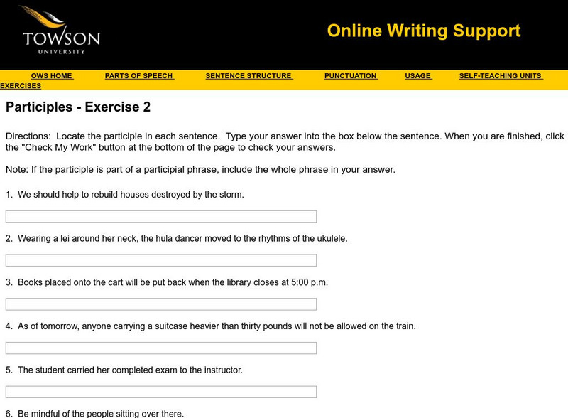 Towson University: Ows: Participles Exercise 2 Unknown Type Towson University: Ows: Participles Exercise 2 Unknown Type