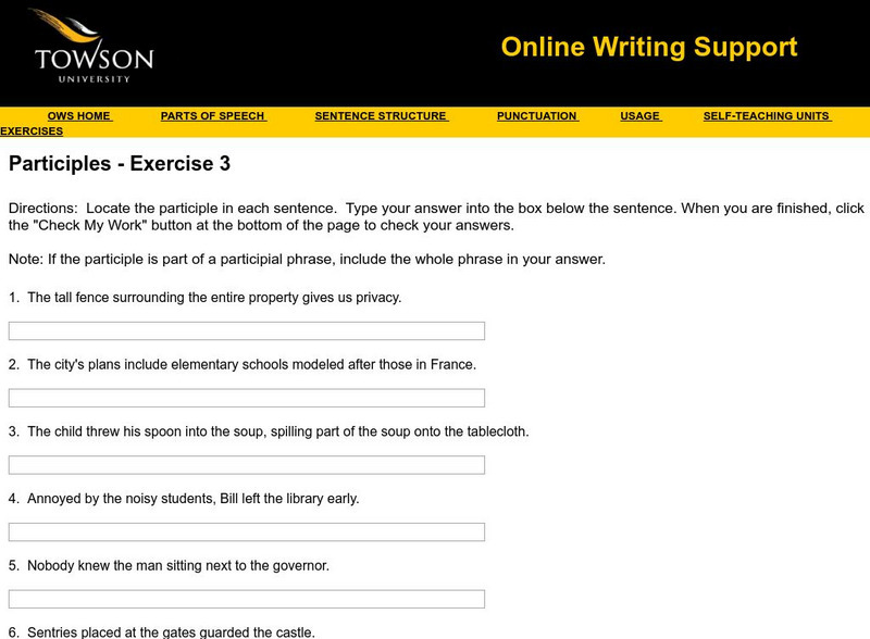 Towson University: Ows: Participles Exercise 3 Unknown Type Towson University: Ows: Participles Exercise 3 Unknown Type