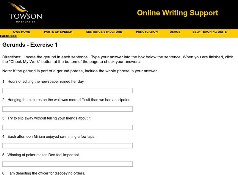 Towson University: Ows: Gerunds Exercise 1 Unknown Type Towson University: Ows: Gerunds Exercise 1 Unknown Type