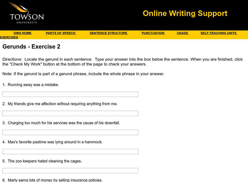 Towson University: Ows: Gerunds Exercise 2 Unknown Type Towson University: Ows: Gerunds Exercise 2 Unknown Type