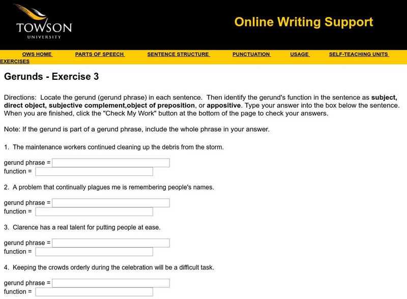 Towson University: Ows: Gerunds Exercise 3 Unknown Type Towson University: Ows: Gerunds Exercise 3 Unknown Type