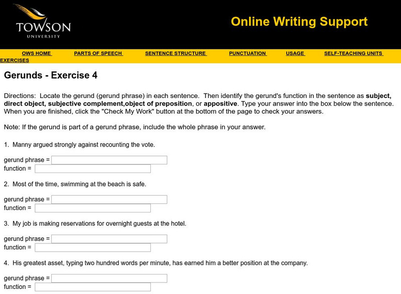 Towson University: Ows: Gerunds Exercise 5 Unknown Type Towson University: Ows: Gerunds Exercise 5 Unknown Type