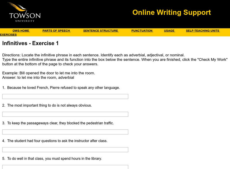 Towson University: Ows: Infinitives Exercise 1 Unknown Type Towson University: Ows: Infinitives Exercise 1 Unknown Type